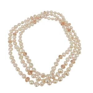 Freshwater Keshi Pink Pearl Necklace 30" Single Long Strand with crystal
